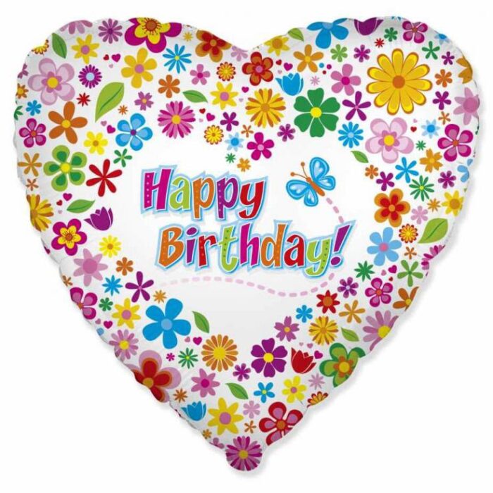 Balon foliowy napełniony helem Happy Birthday – kwiaty (serce)