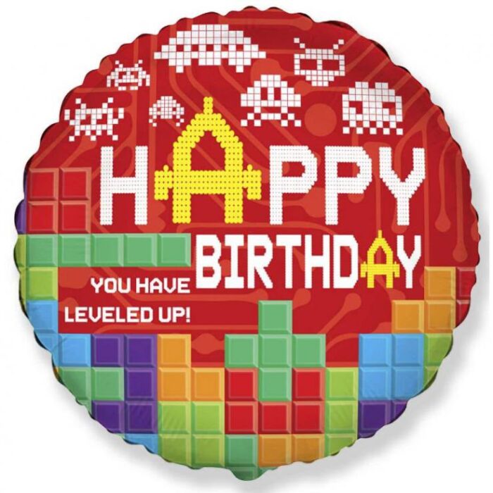 Balon foliowy napełniony helem Happy Birthday – Level Up (gaming)