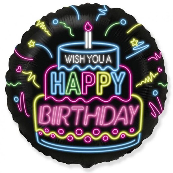 Balon foliowy napełniony helem Happy Birthday – neon tort