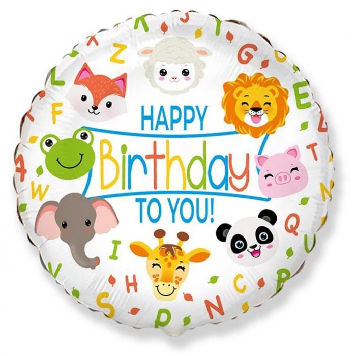 Balon foliowy napełniony helem Happy Birthday – zwierzątka